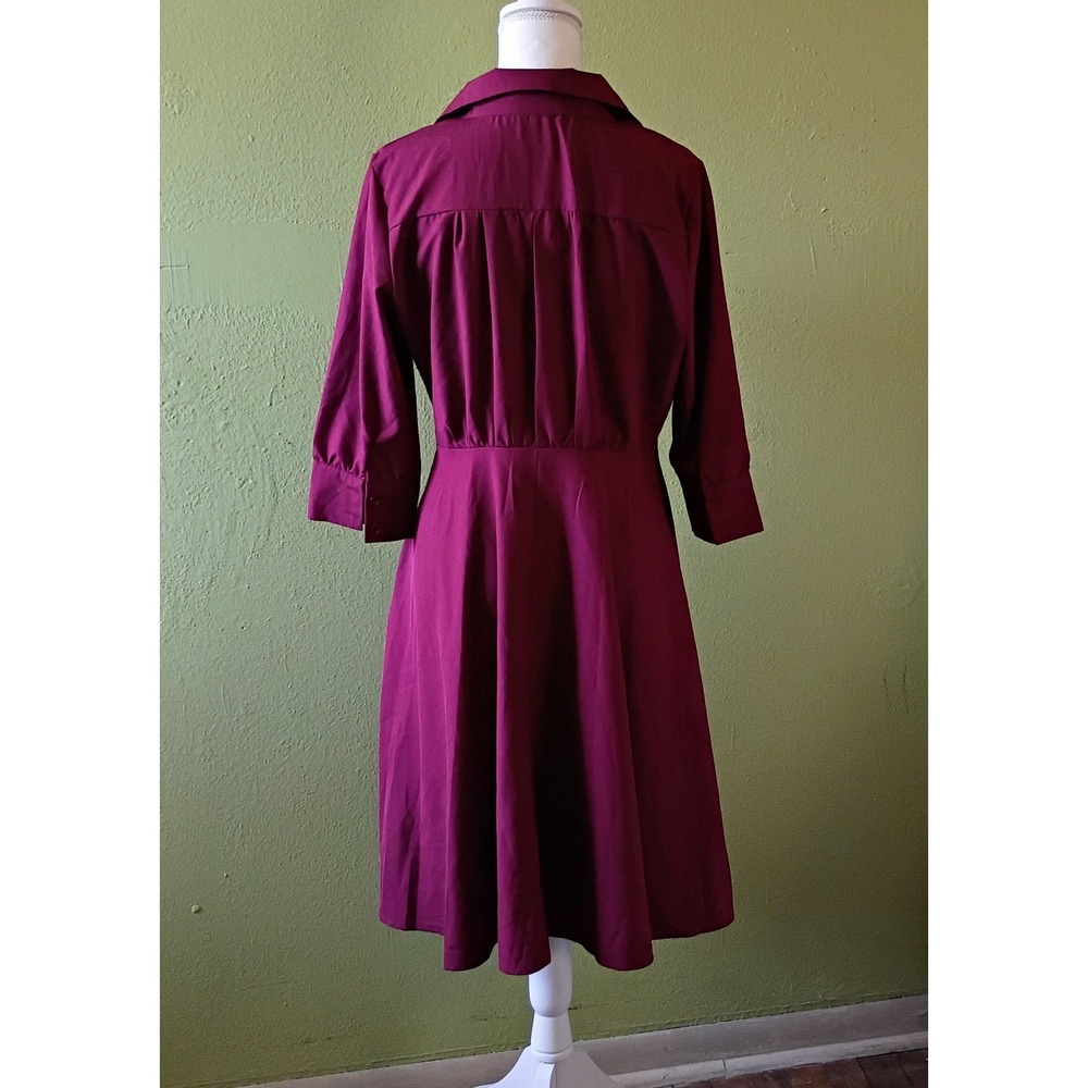 Librarian Chic Dark Academia Burgundy Surplice Fit & Flare Dress 3/4 Sleeve L. - Picture 3 of 4